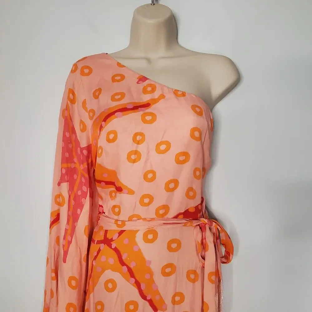 Farm Rio Anthropologie One Shoulder Starfish Maxi Dress Orange Pink Size Large - Picture 5 of 11